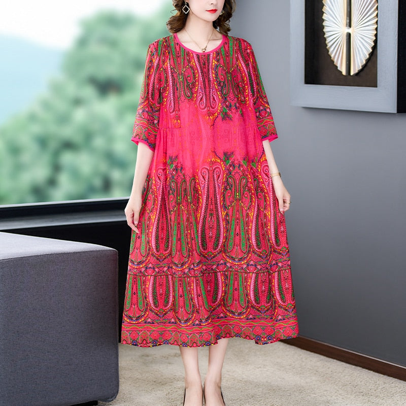 Loose Casual Red Print Chic Beach Maxi Dress Spring Summer Vintage Silk Midi Evening Dress Elegant Women Bodycon Party Robe