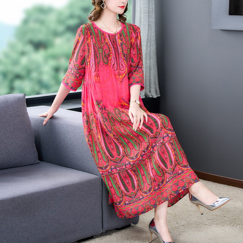 Loose Casual Red Print Chic Beach Maxi Dress Spring Summer Vintage Silk Midi Evening Dress Elegant Women Bodycon Party Robe