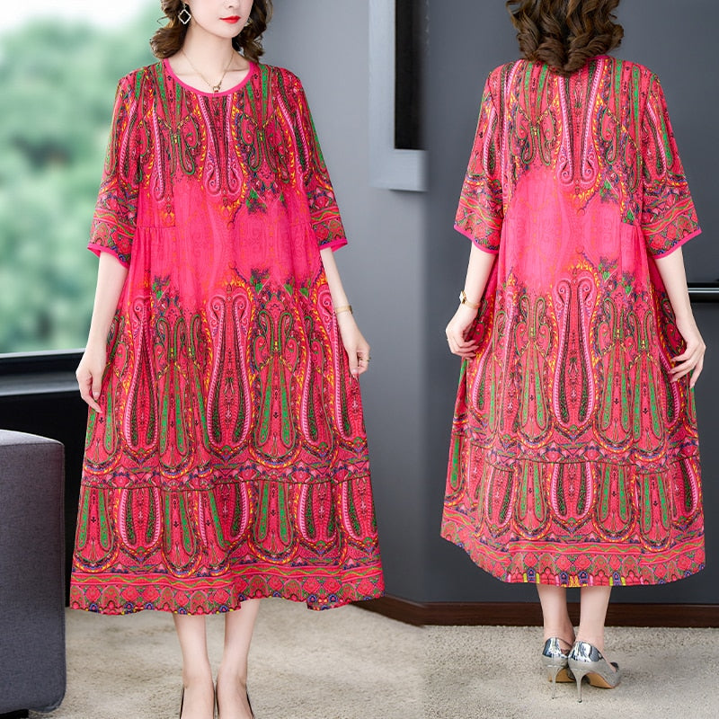 Loose Casual Red Print Chic Beach Maxi Dress Spring Summer Vintage Silk Midi Evening Dress Elegant Women Bodycon Party Robe
