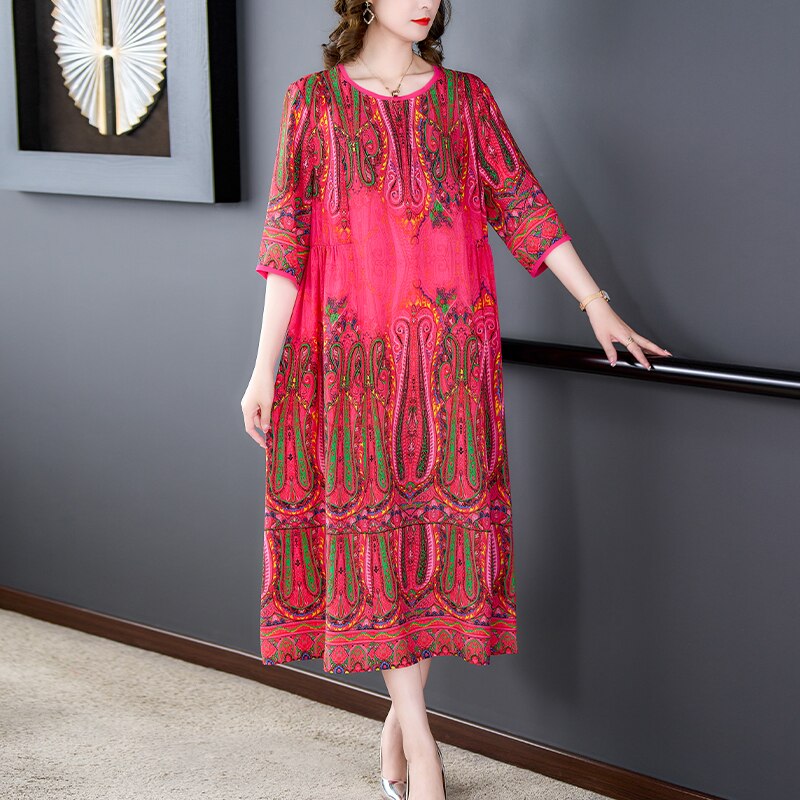 Loose Casual Red Print Chic Beach Maxi Dress Spring Summer Vintage Silk Midi Evening Dress Elegant Women Bodycon Party Robe