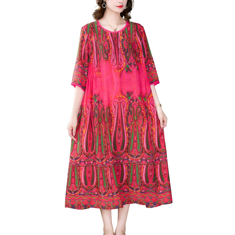 Loose Casual Red Print Chic Beach Maxi Dress Spring Summer Vintage Silk Midi Evening Dress Elegant Women Bodycon Party Robe